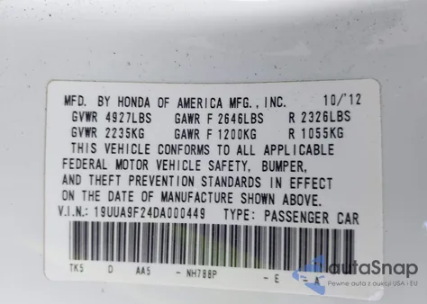 2013 Acura Tl 3.7 from USA, damaged, VIN 19UUA9F24DA000449